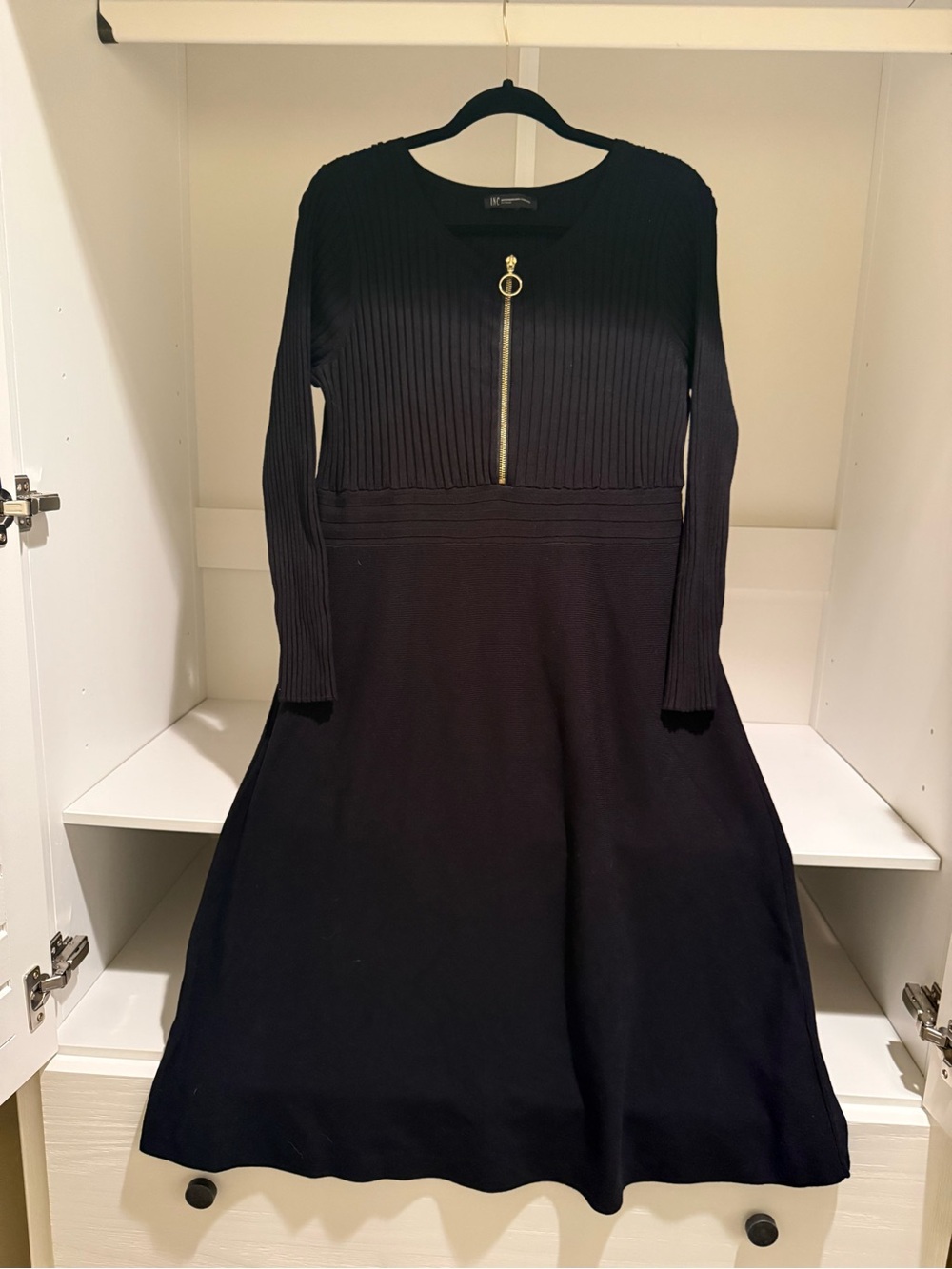 INC International Concepts Black Long-Sleeve Ribbed Knit Dress with Gold Zip